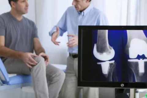 A male physician explains knee replacement surgery to a male patient, with an x-ray of the knee in the foreground.