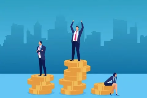 Cartoon of three people standing on coin piles of different heights with a city skyline in the backdrop.