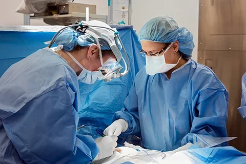 Two surgeons performing surgery in the operating room.