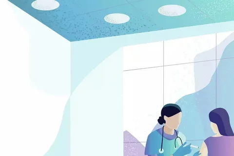 Abstract cartoon of a nurse giving a shot to a patient