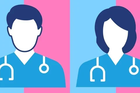 Cartoon drawing of a male and female surgeon infront of a pink and blue background.